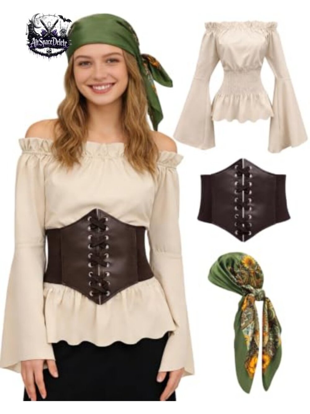 Women's Pirate Costume Set Renaissance Shirt Corset Belt Head Scarf